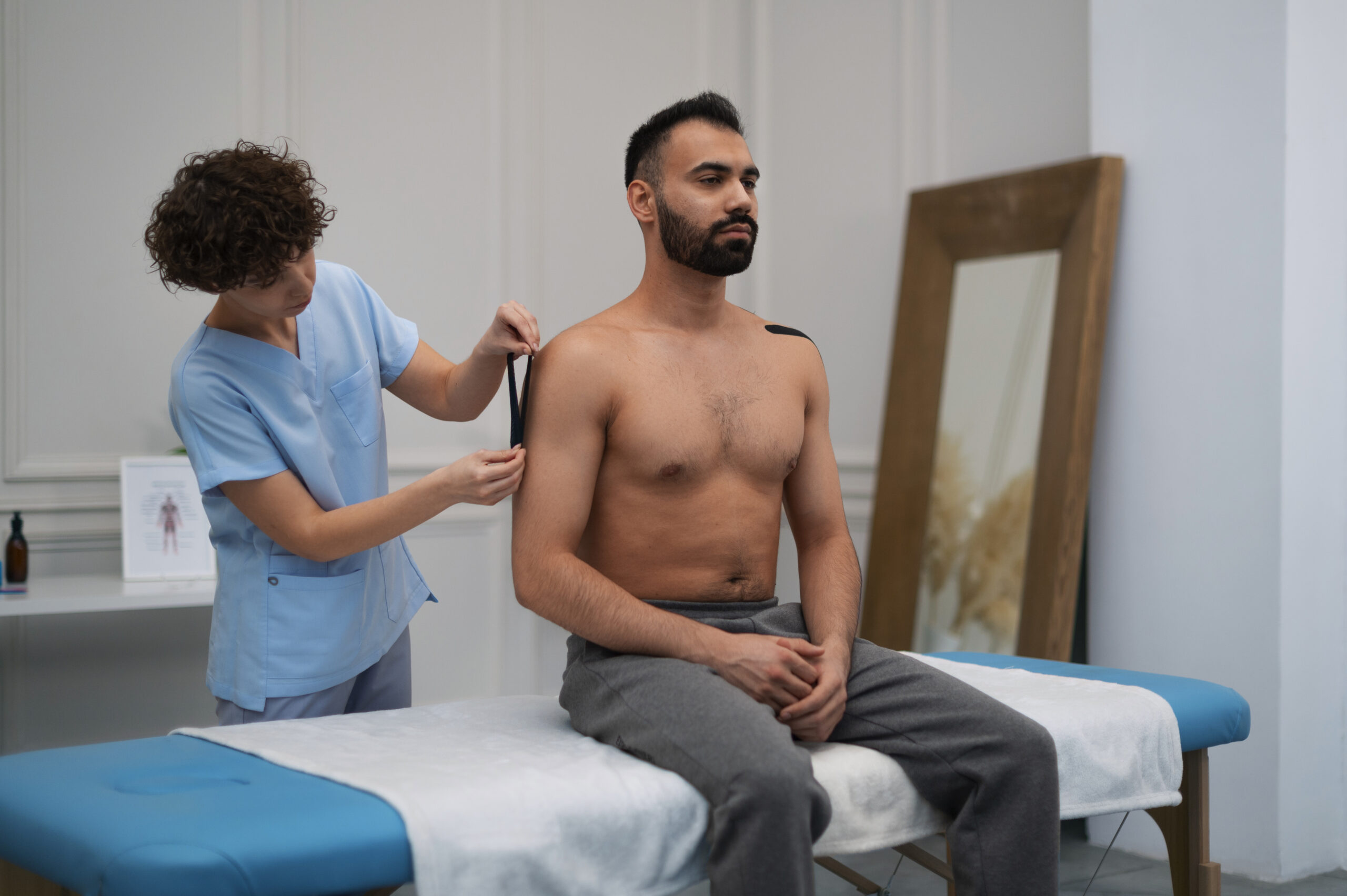 female-therapist-rehabilitation-center-putting-shoulder-support-man
