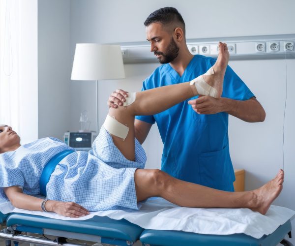 physiotherapist-performing-mobility-exercises-leg-patient-lying-stretcher